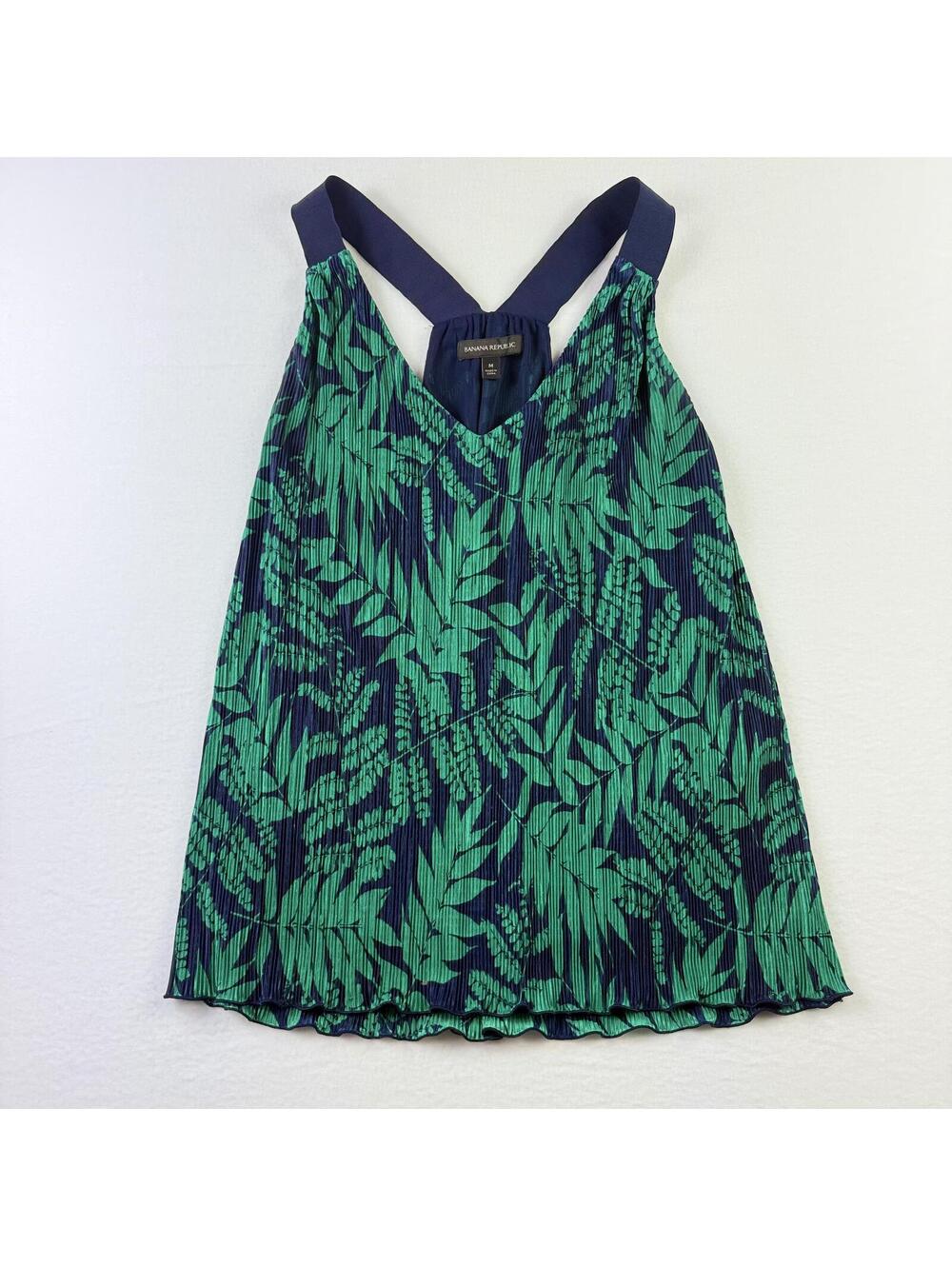 Banana Republic Green and Navy Leaf Print Pleated Tank Top, Size M